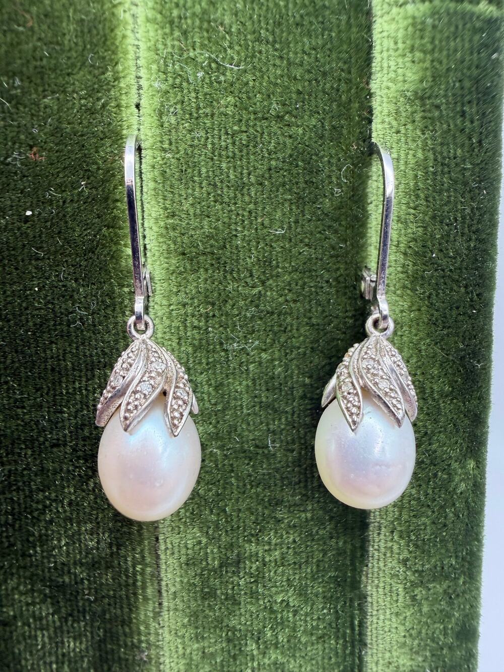 teardrop pearl drop earrings sterling silver 925 small diamonds